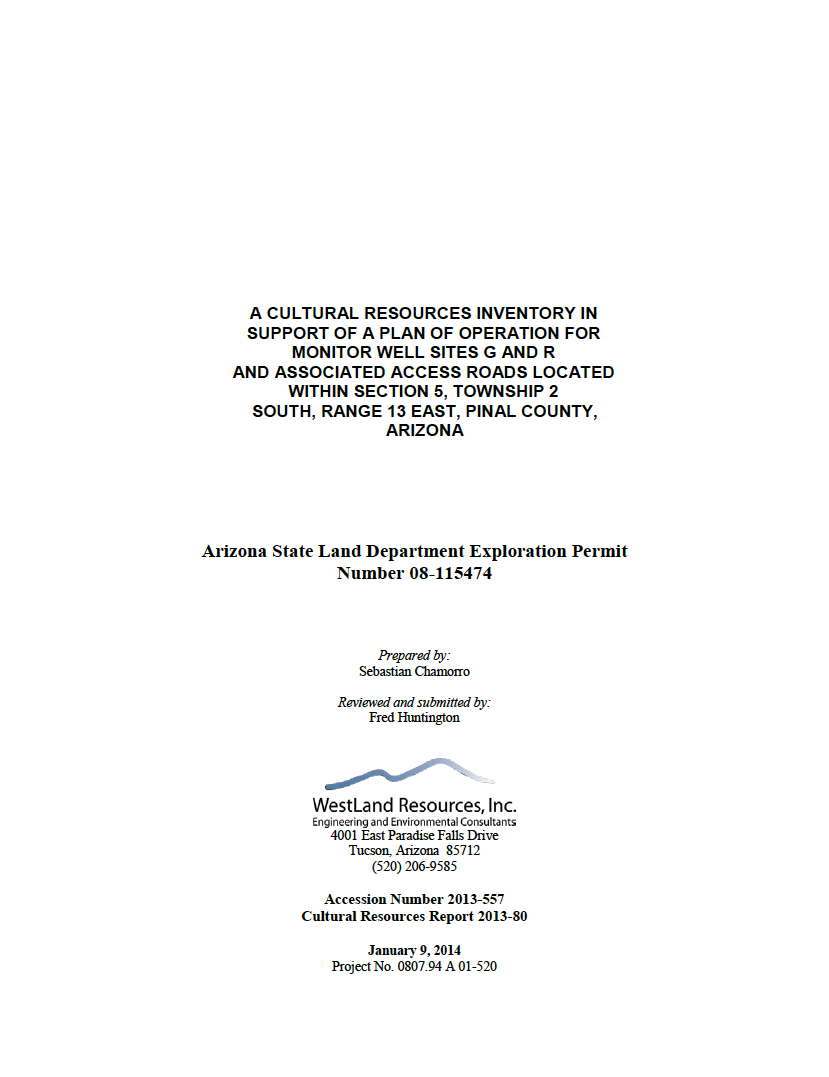 Thumbnail image of document cover: A Cultural Resources Inventory in Support of a Plan of Operation For Monitor Well Sites G and R and Associated Access Roads Located Within Section 5, Township 2 South, Range 13 East, Pinal County, Arizona