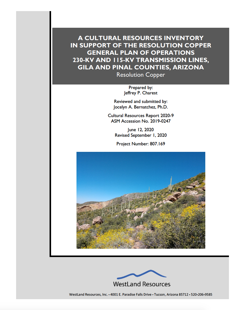 Thumbnail image of document cover: A Cultural Resources Inventory in Support of the Resolution Copper General Plan of Operations 230-KV and 115-KV Transmission Lines, Gila and Pinal Counties, Arizona