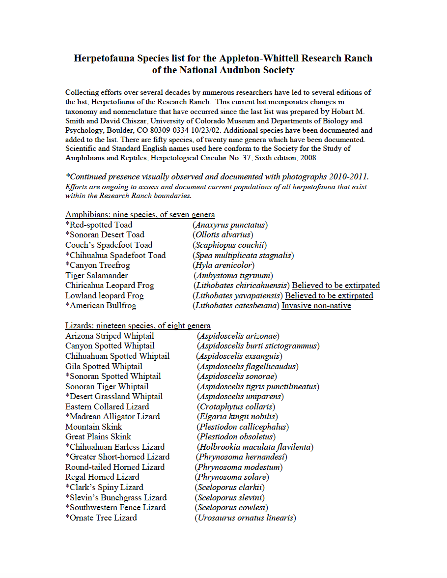 Thumbnail image of document cover: Herpetofauna Species List for the Appleton-Whittell Research Ranch of the National Audubon Society