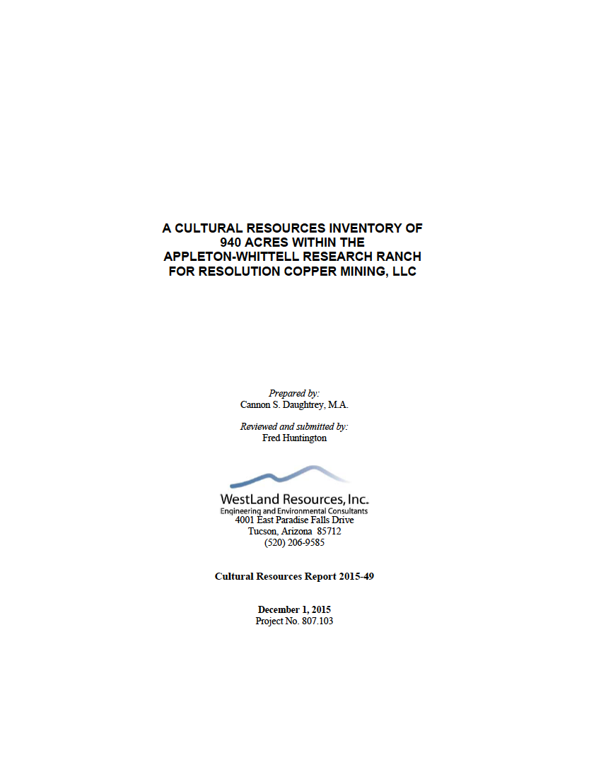 Thumbnail image of document cover: A Cultural Resources Inventory of 940 Acres Within the Appleton-Whittel Research Ranch