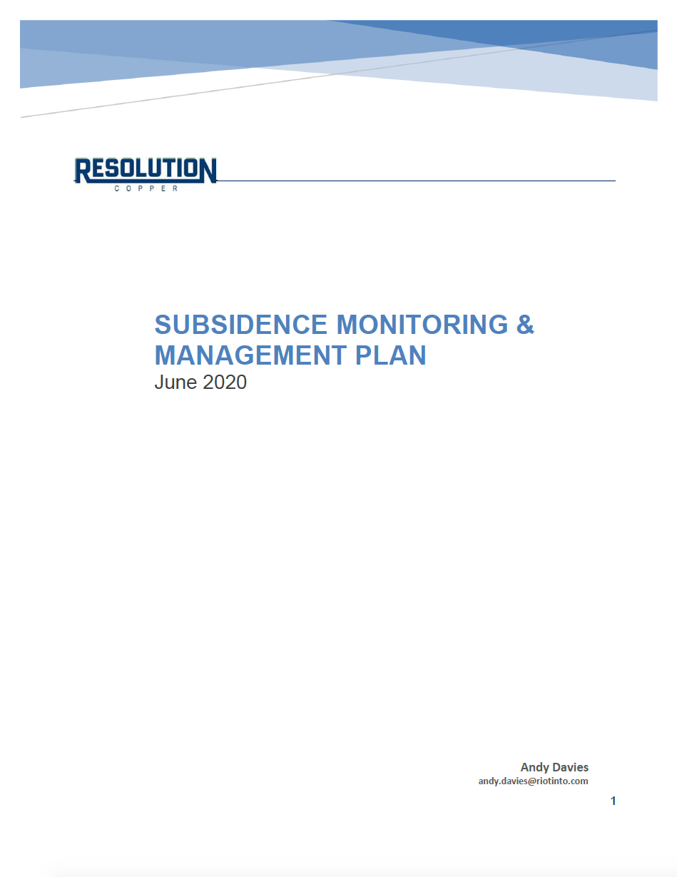 Thumbnail image of document cover: Subsidence Monitoring and Management Plan - June