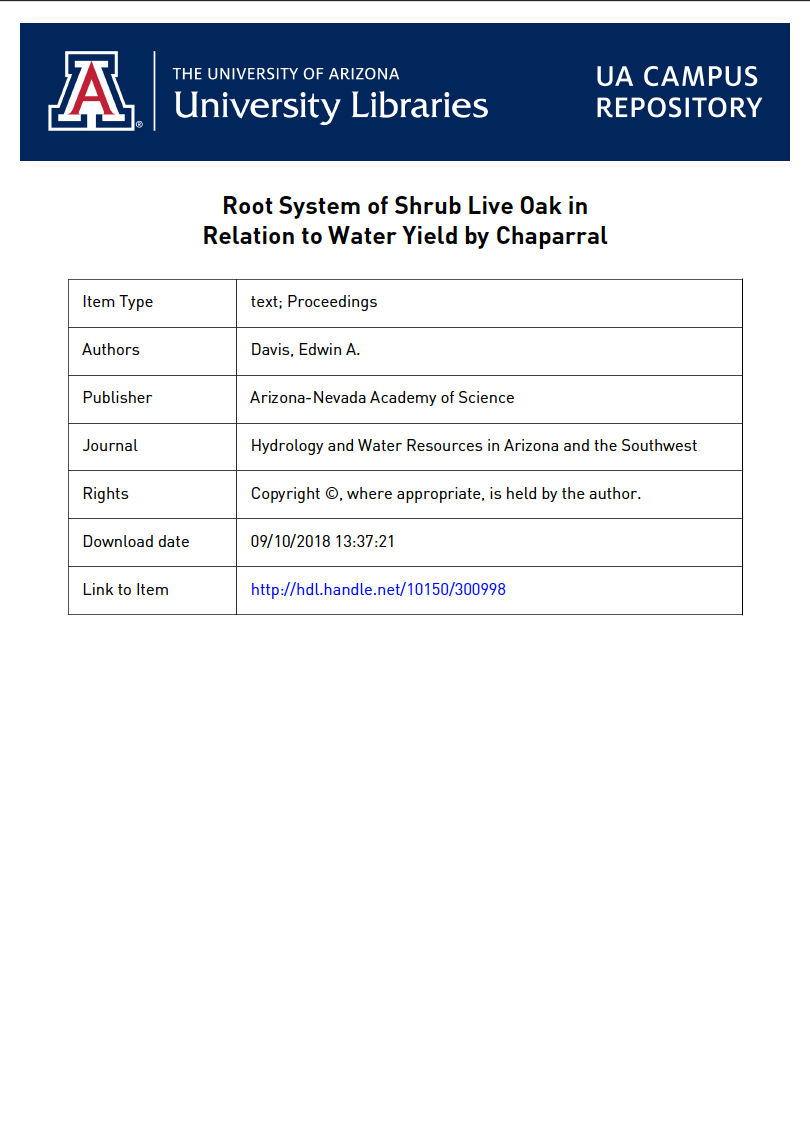 Thumbnail image of document cover: Root System of Shrub Live Oak in Relation to Water Yield by Chapparal