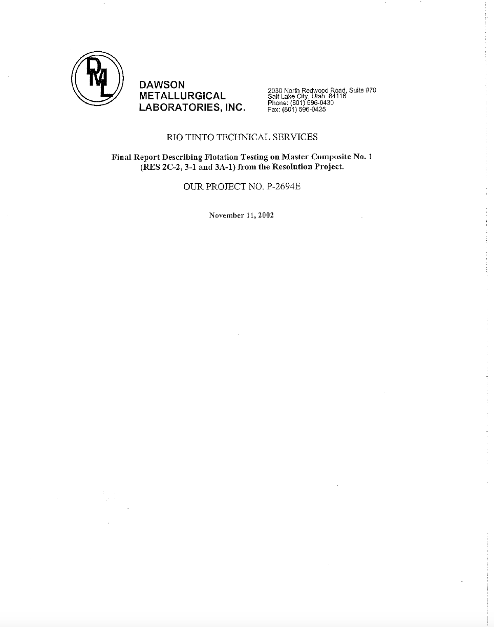 Thumbnail image of document cover: Final Report Describing Flotation Testing on Master Cumpusile No. 1 (RES 2C-2, 3-1 and 3A-1) from the Resolution Project