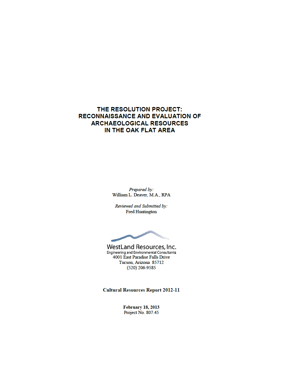 Thumbnail image of document cover: The Resolution Project: Reconnaissance and Evaluation of Archaeological Resources in the Oak Flat Area