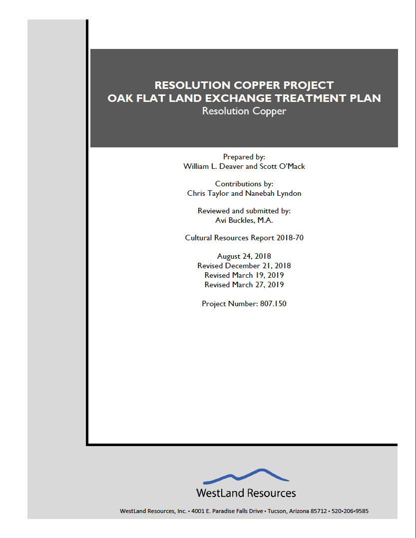 Thumbnail image of document cover: Resolution Copper Project Oak Flat Land Exchange Treatment Plan