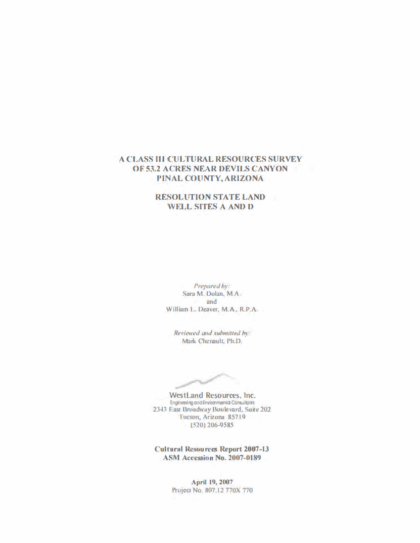 Thumbnail image of document cover: A Class III Cultural Resources Survey of 53.2 Acres Near Devils Canyon Pinal County, Arizona: Resolution State Land Well Sites A and D