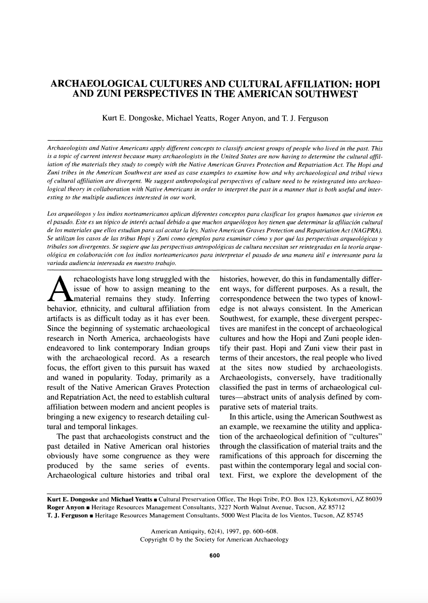 Thumbnail image of document cover: Archaelogical Cultures and Cultural Affiliation: Hopi and Zuni Perspectives in the American Southwest