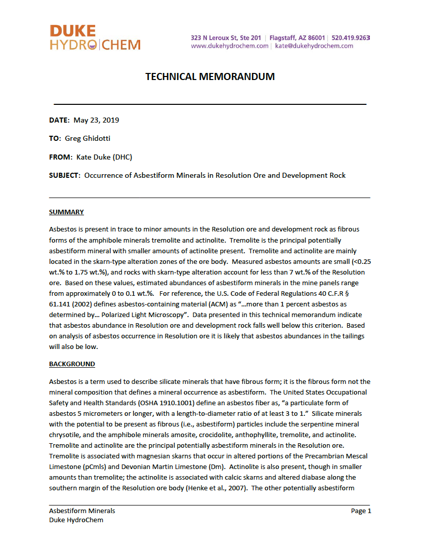 Thumbnail image of document cover: Occurrence of Asbestiform Minerals in Resolution Ore and Development Rock