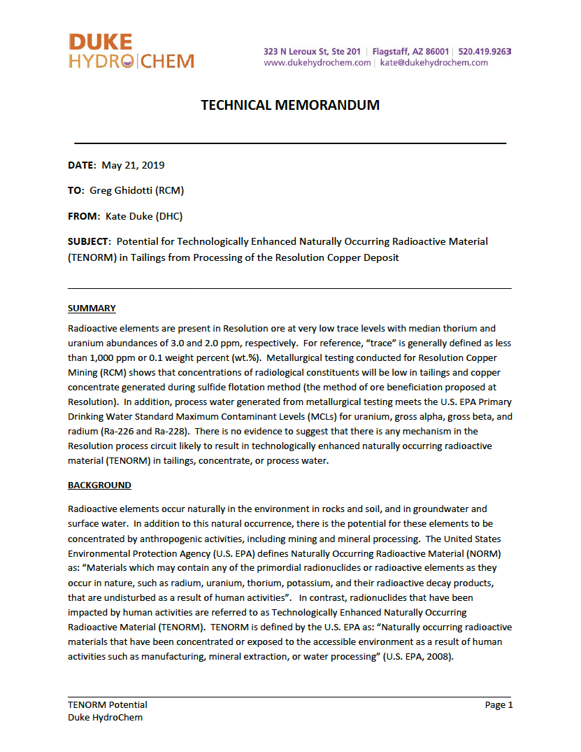 Thumbnail image of document cover: Potential for Technologically Enhanced Naturally Occurring Radioactive Material (TENORM) in Tailings from Processing of the Resolution Copper Deposit