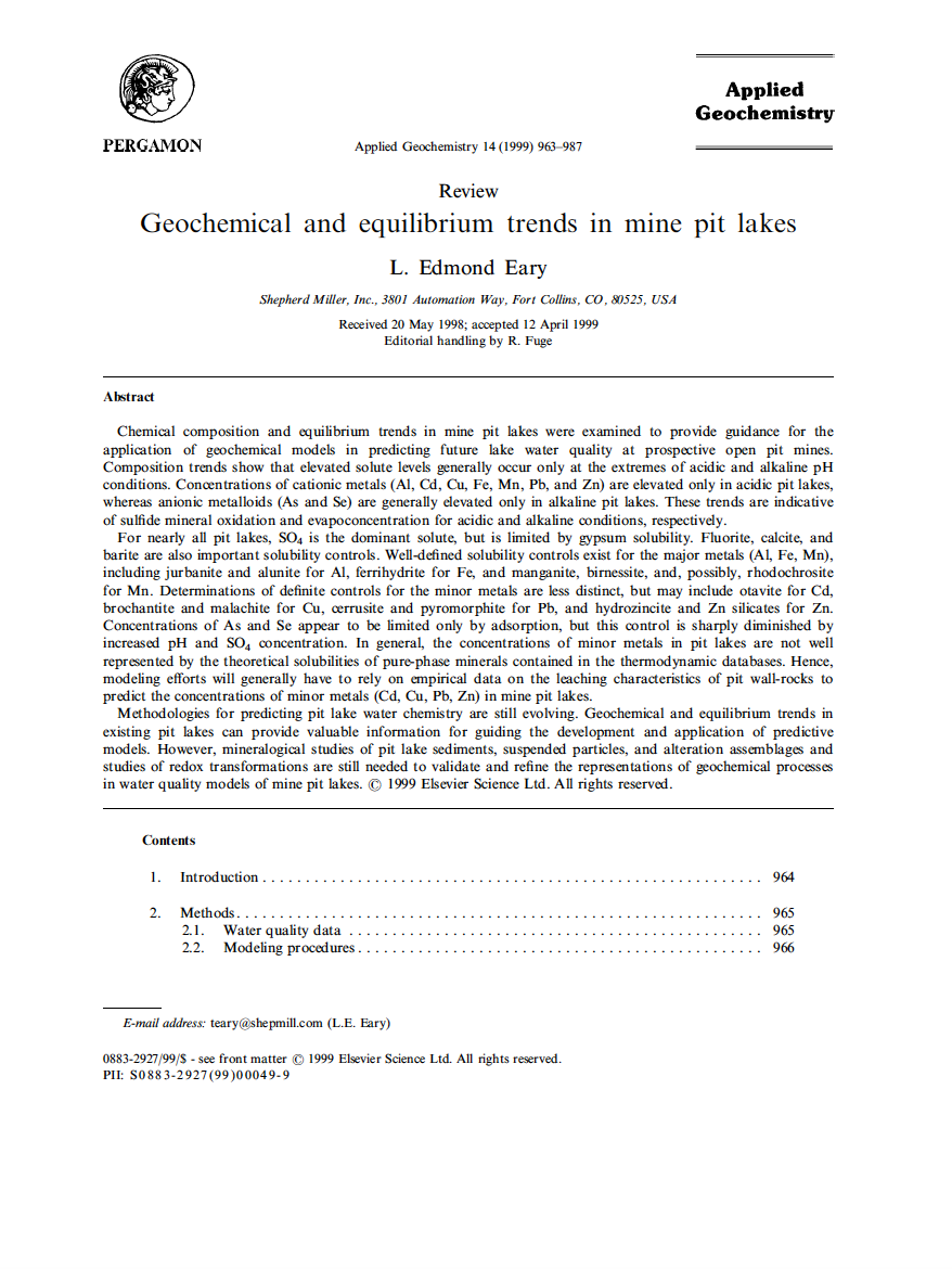 Thumbnail image of document cover: Geochemical and Equilibrium Trends in Existing Mine Pit Lakes