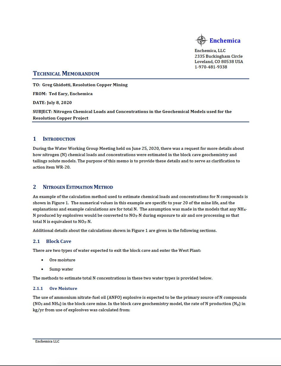 Thumbnail image of document cover: Nitrogen Chemical Loads and Concentrations in the Geochemical Models used for the Resolution Copper Project