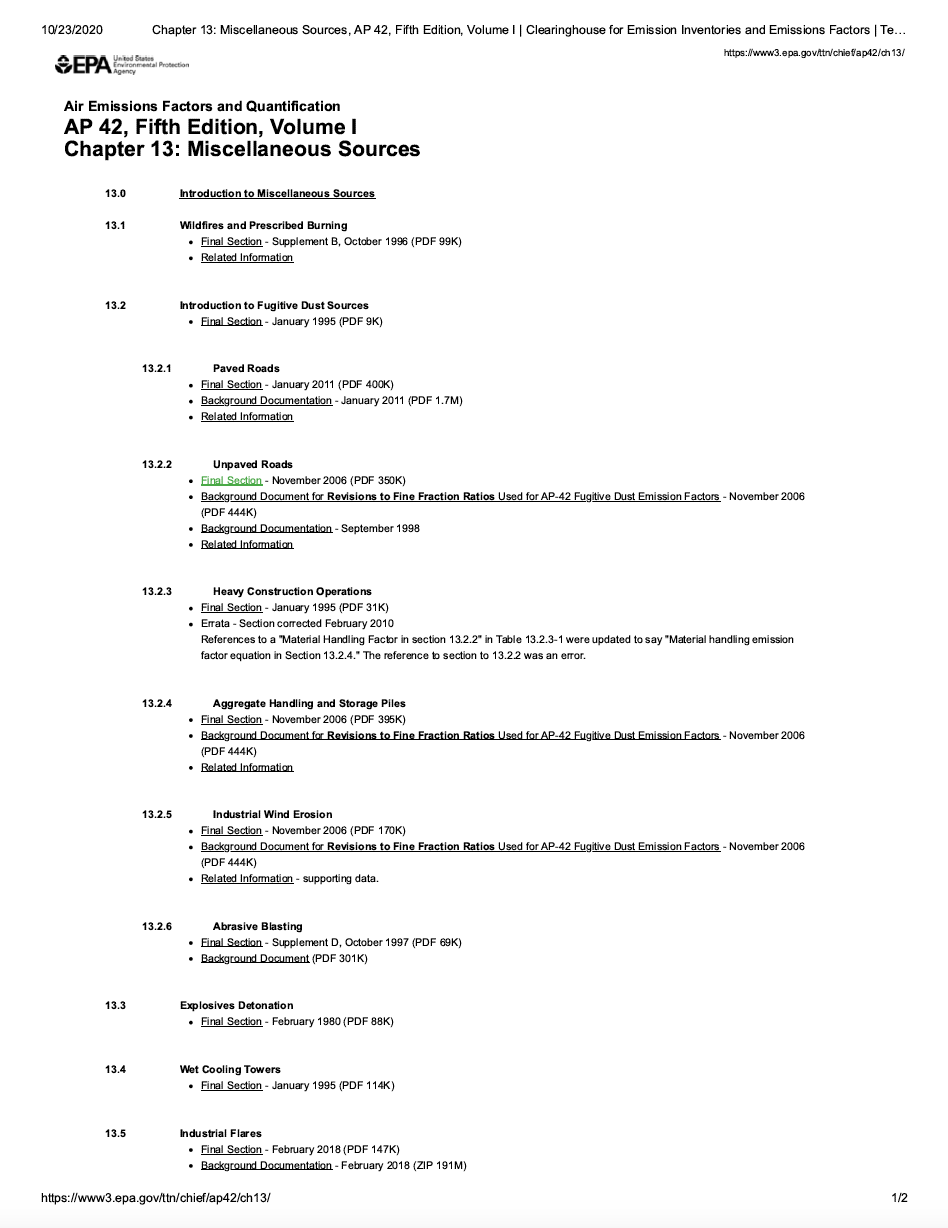 Thumbnail image of document cover: AP 42, Fifth Edition, Volume I, Chapter 13: Miscellaneous Sources