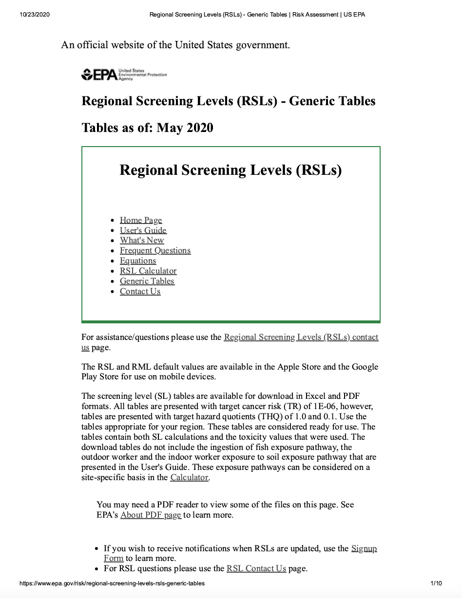 Thumbnail image of document cover: Regional Screening Levels for Chemical Contaminants at Superfund Sites