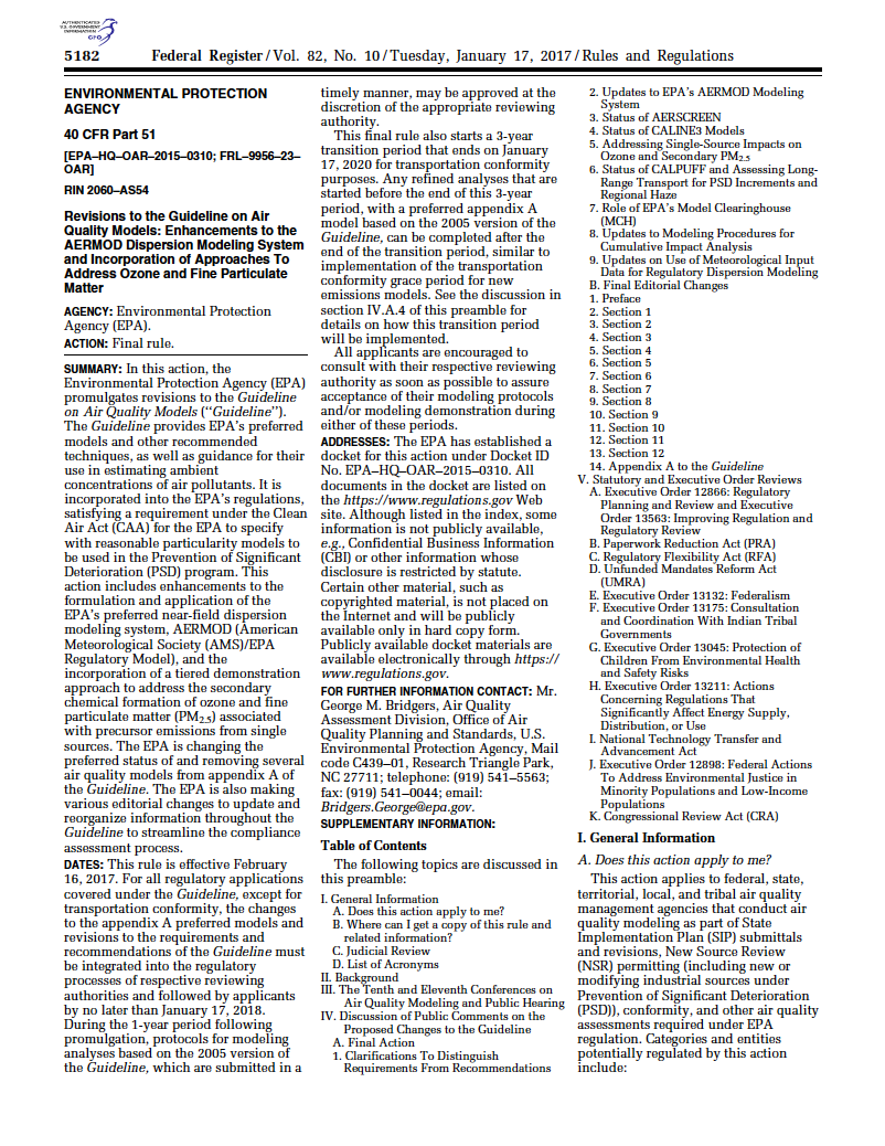 Thumbnail image of document cover: Revisions to the Guideline on Air Quality Models: Enhancements to the AERMOD Dispersion Modeling System and Incorporation of Approaches to Address Ozone and Fine Particulate Matter