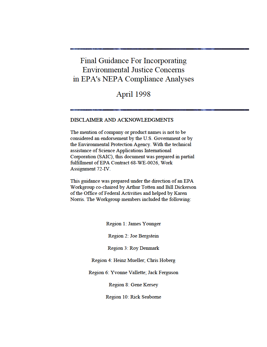 Thumbnail image of document cover: Final Guidance for Incorporating Environmental Justice Concerns in EPA's NEPA Compliance Analyses