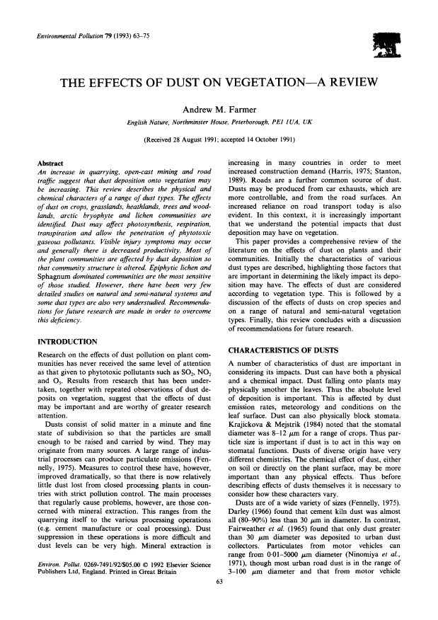 Thumbnail image of document cover: The Effects of Dust on Vegetation--A Review