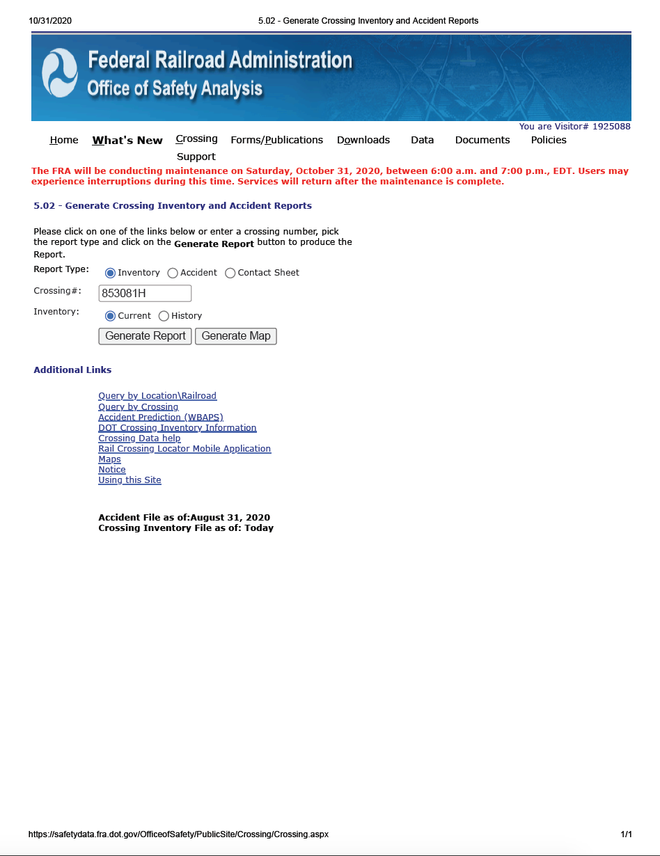 Thumbnail image of document cover: Generate Crossing Inventory and Accident Reports: Crossing 853081H