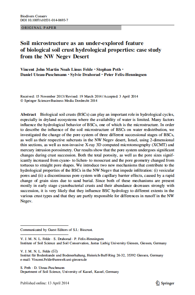Thumbnail image of document cover: Soil Microstructrure as an Under-Explored Feature of Biological Soil Crust Hydyrological Properties: Case Study from the NW Negev Desert