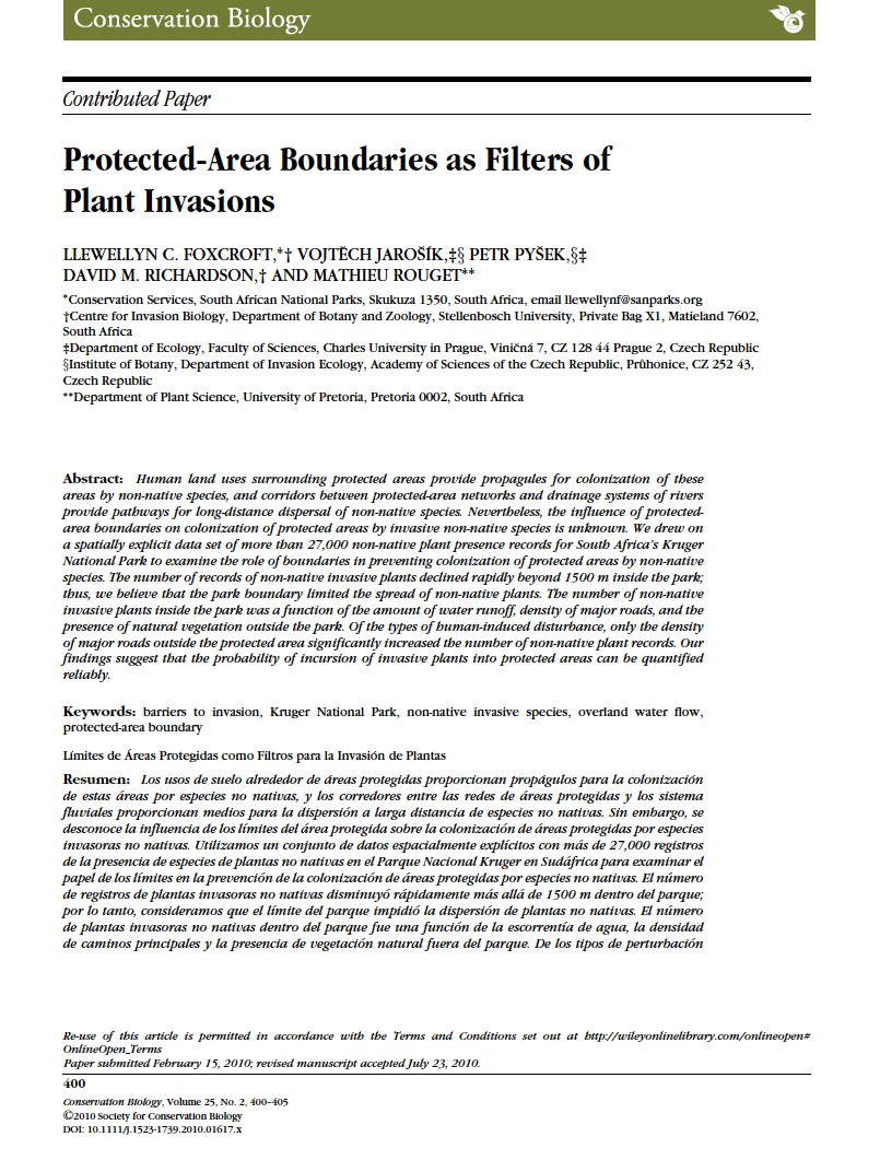 Thumbnail image of document cover: Protected-Area Boundaries as Filters of Plant Invasions