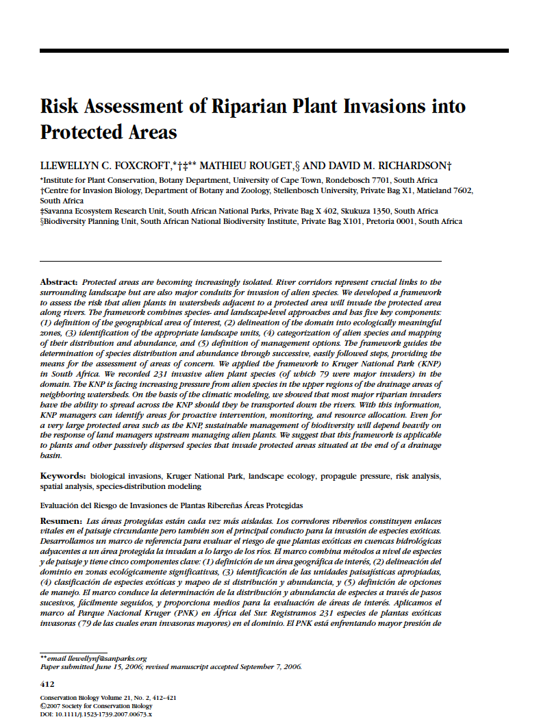 Thumbnail image of document cover: Risk Assessment of Riparian Plant Invasions into Protected Areas