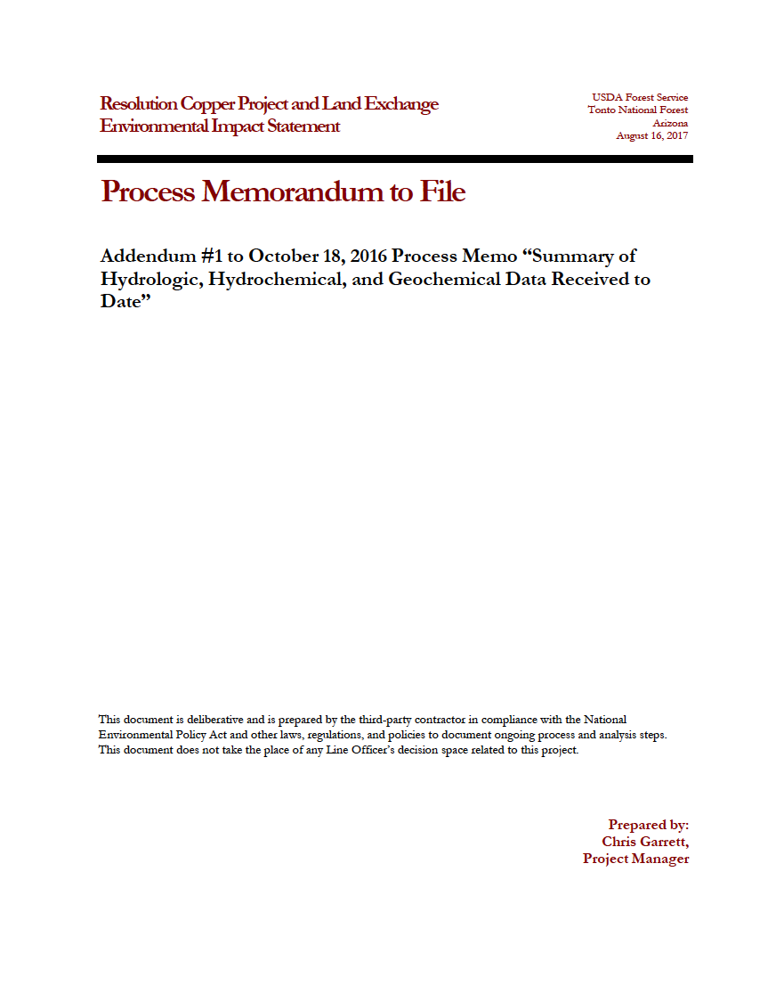 Thumbnail image of document cover: Addendum #1 to October 18, 2016 Process Memo "Summary of Hydrologic, Hydrochemical, and Geotechnical Data Received to Date