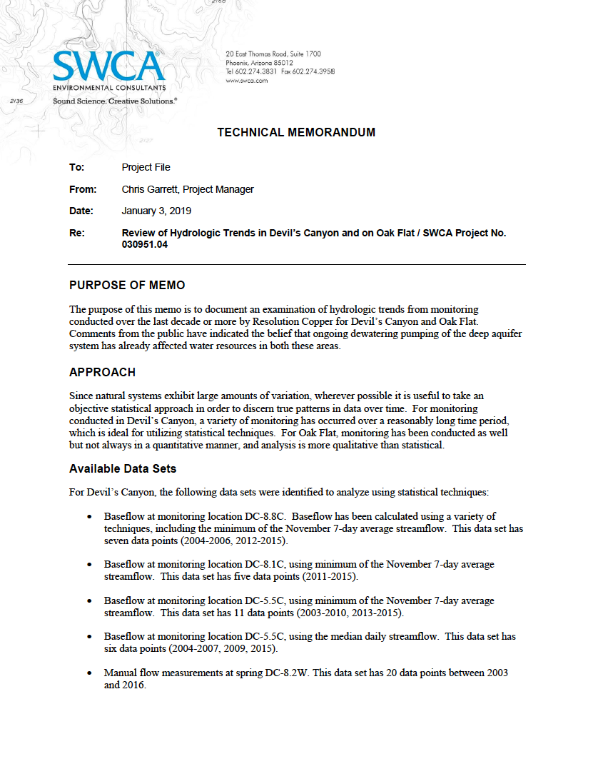 Thumbnail image of document cover: Review of Hydrologic Trends in Devil’s Canyon and on Oak Flat