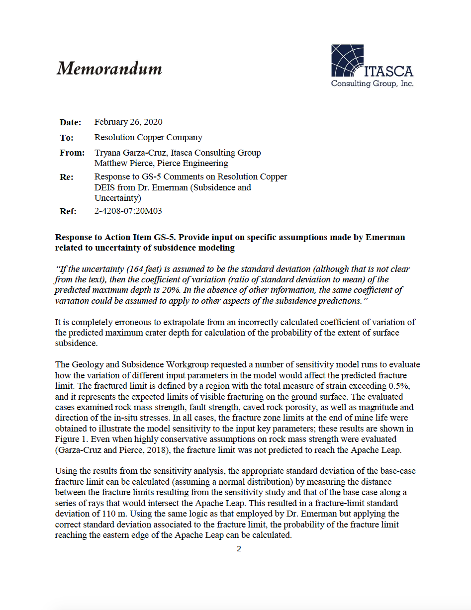 Thumbnail image of document cover: Response to GS-5 Comments on Resolution Copper DEIS from Dr. Emerman (Subsidence and Uncertainty)