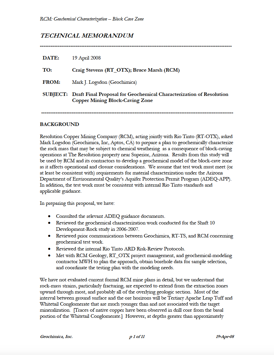 Thumbnail image of document cover: Draft Final Proposal for Geochemical Characterization of Resolution Copper Mining Block-Caving Zone