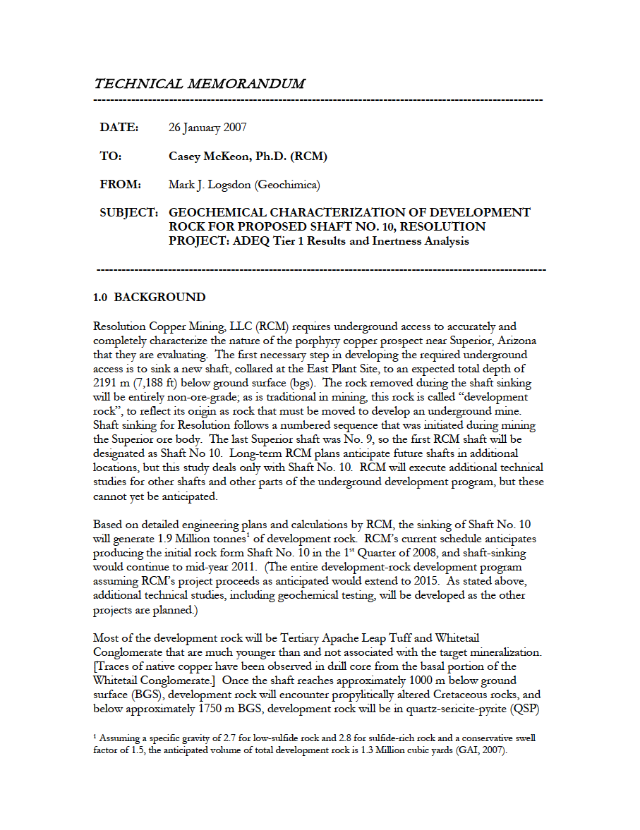 Thumbnail image of document cover: Geochemical Characterization of Development Rock for Proposed Shaft No. 10, Resolution Project: ADEQ Tier 1 Results and Inertness Analysis