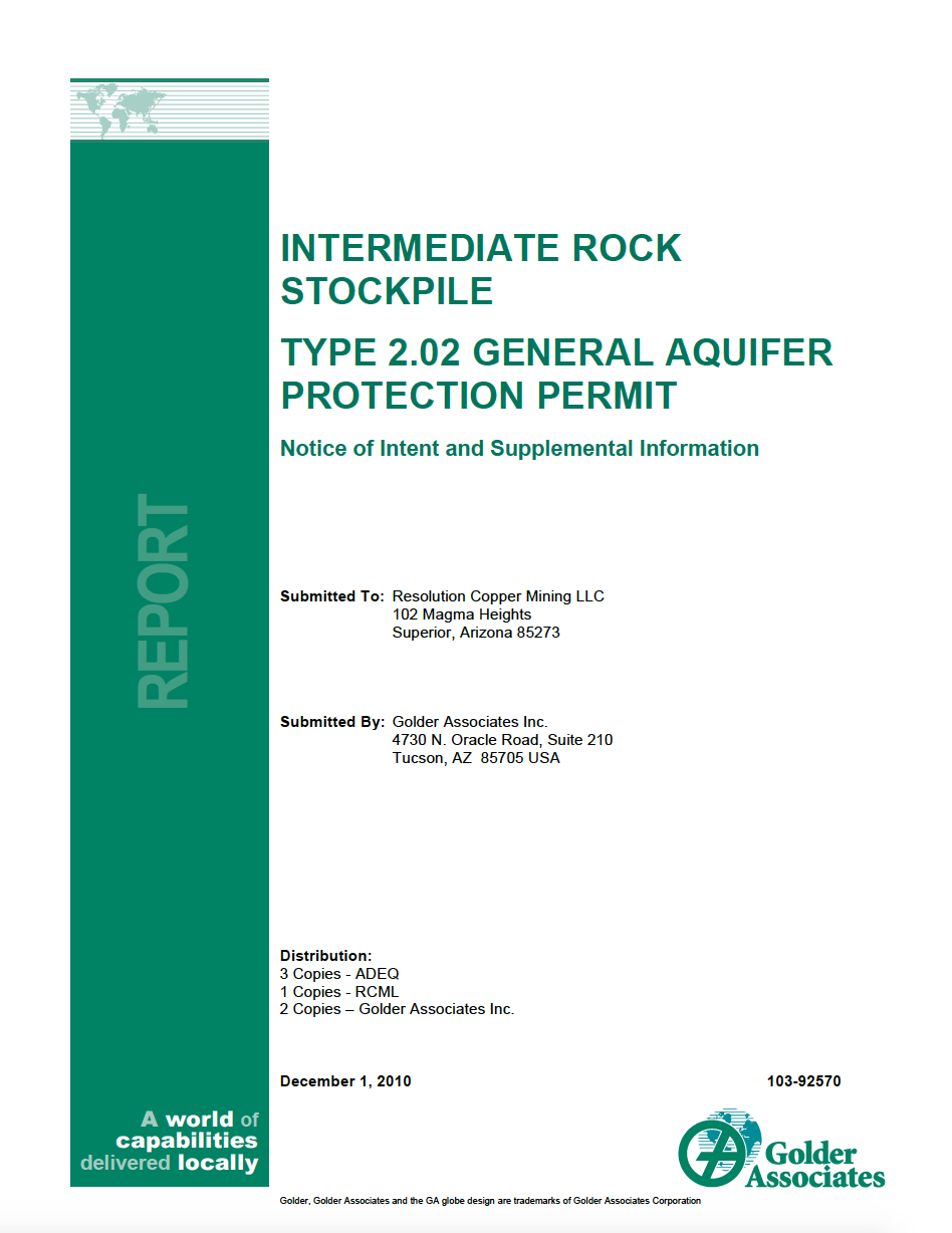 Thumbnail image of document cover: Intermediate Rock Stockpile Type 2.02 General Aquifer Protection Permit