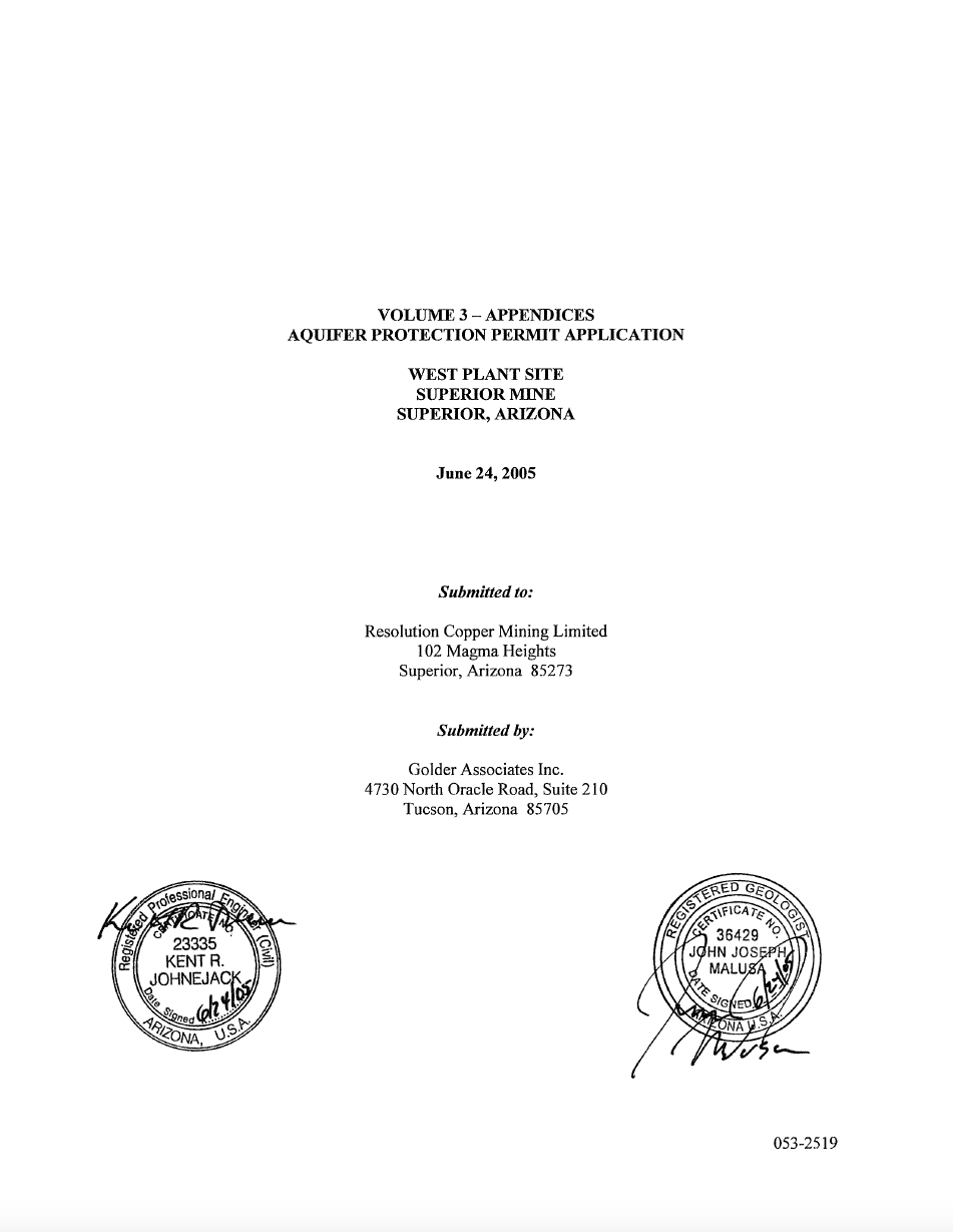 Thumbnail image of document cover: Aquifer Protection Permit Application, West Plant Site, Superior Mine, Superior, Arizona, Volume 3 - Appendices