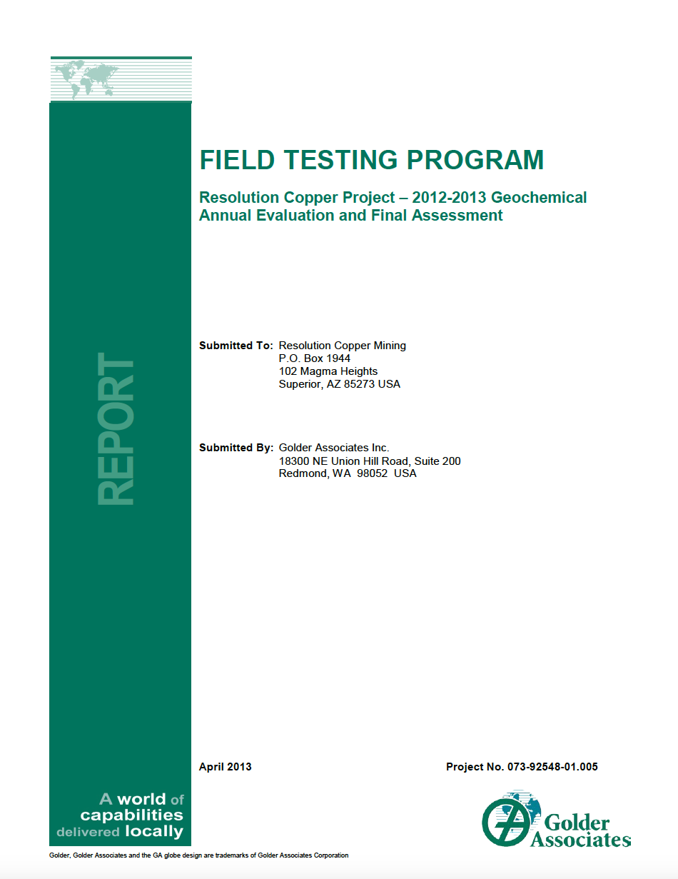 Thumbnail image of document cover: Field Testing Program, Resolution Copper Project – 2012-2013 Geochemical Annual Evaluation and Final Assessment