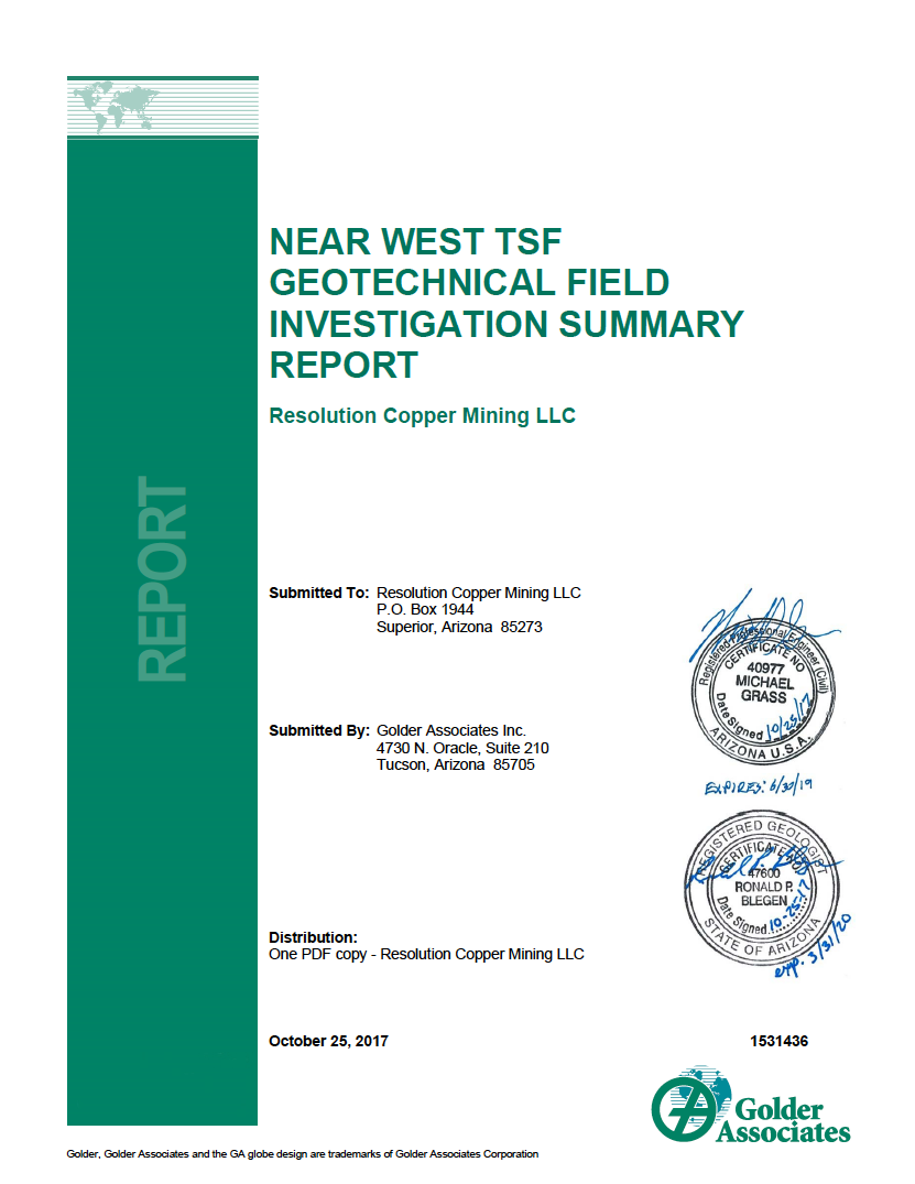 Thumbnail image of document cover: Near West TSF Geotechnical Field Investigation Summary Report