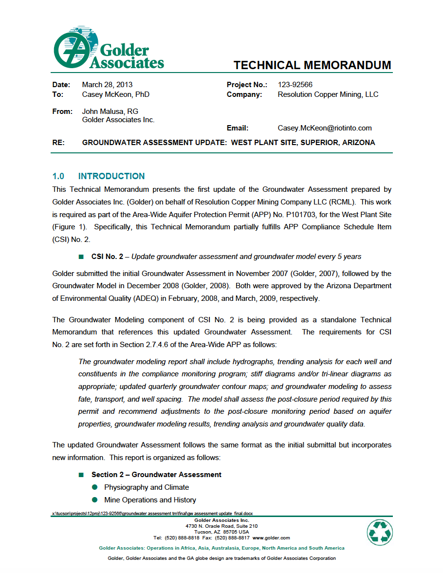 Thumbnail image of document cover: Groundwater Assessment Update: West Plant Site, Superior, Arizona