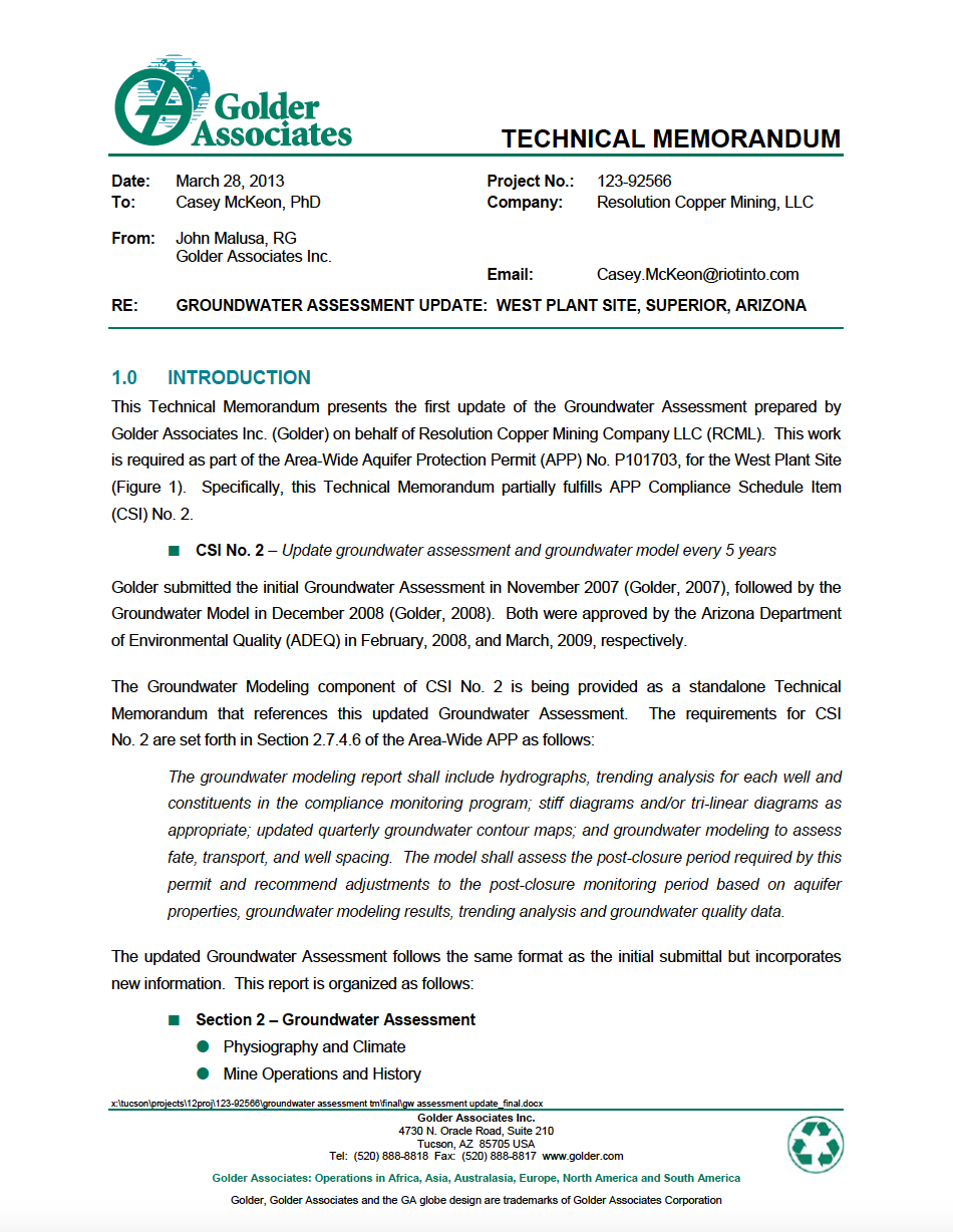 Thumbnail image of document cover: Groundwater Assessment Update: West Plant Site, Superior, Arizona: Technical Memorandum