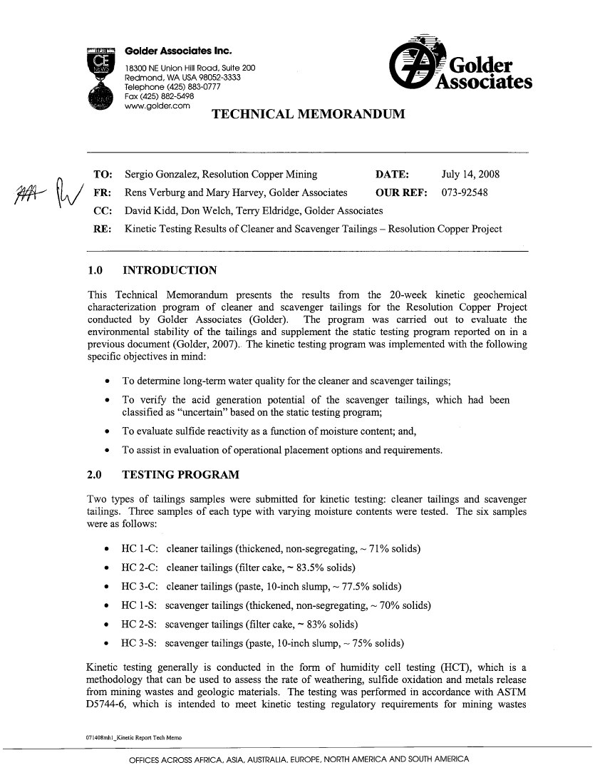 Thumbnail image of document cover: Kinetic Testing Results of Cleaner and Scavenger Tailings – Resolution Copper Project