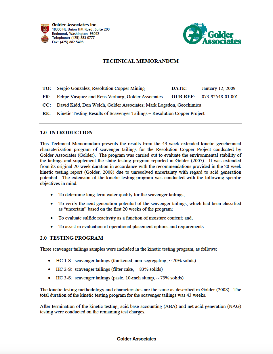 Thumbnail image of document cover: Kinetic Testing Results of Scavenger Tailings – Resolution Copper Project