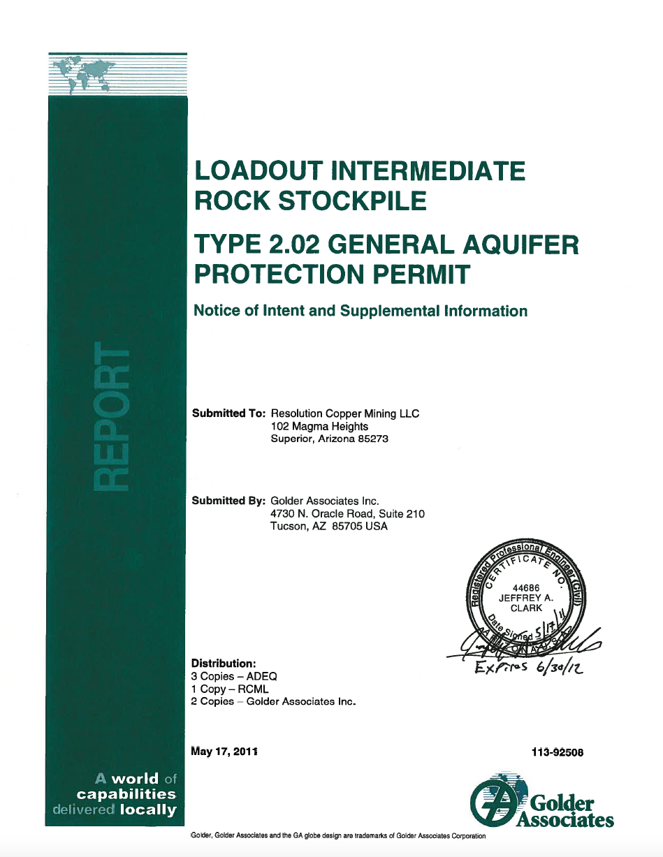 Thumbnail image of document cover: Loadout Intermediate Rock Stockpile Type 2.02 General Aquifer Protection Permit