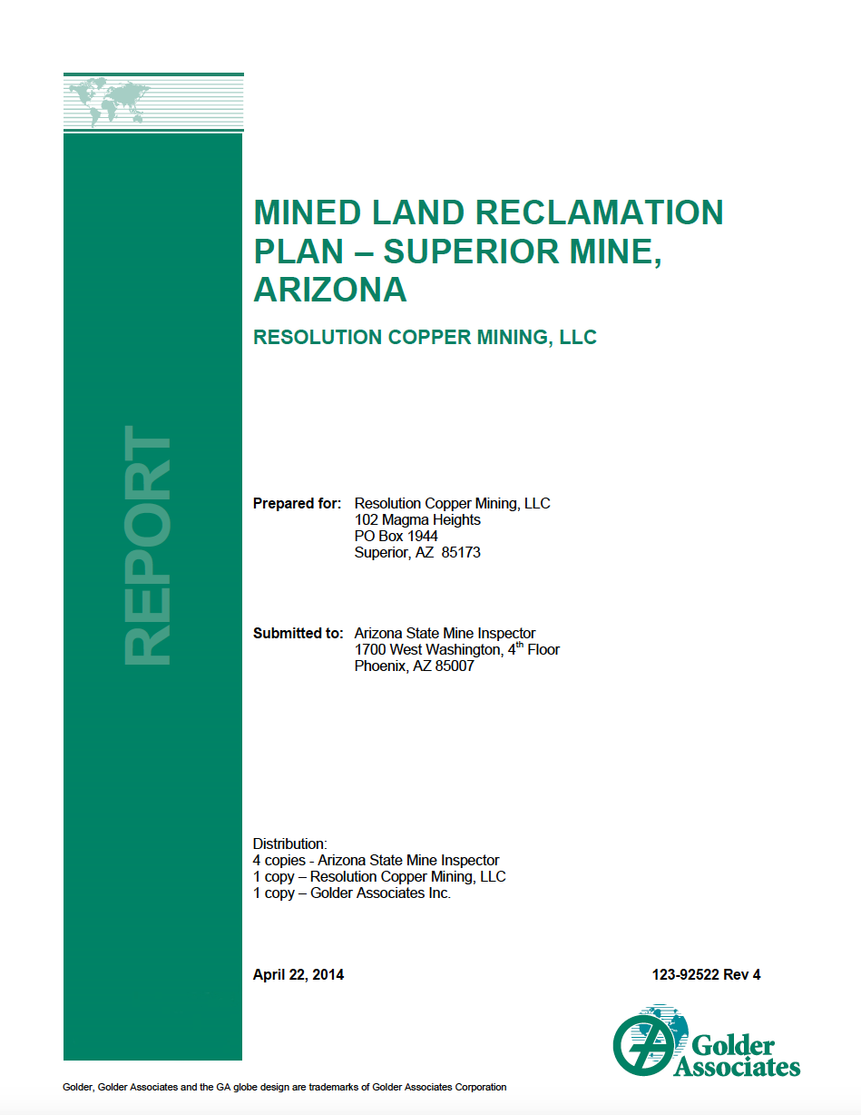 Thumbnail image of document cover: Mined Land Reclamation Plan – Superior Mine, Arizona