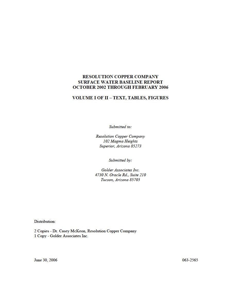 Thumbnail image of document cover: Resolution Copper Company Surface Water Baseline Report October 2002 Through February 2006