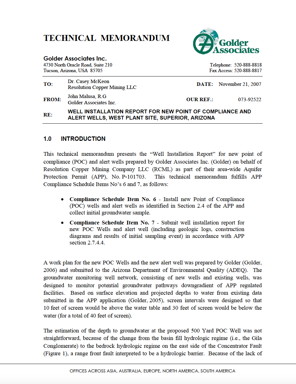 Thumbnail image of document cover: Well Installation Report for New Point of Compliance and Alert Wells