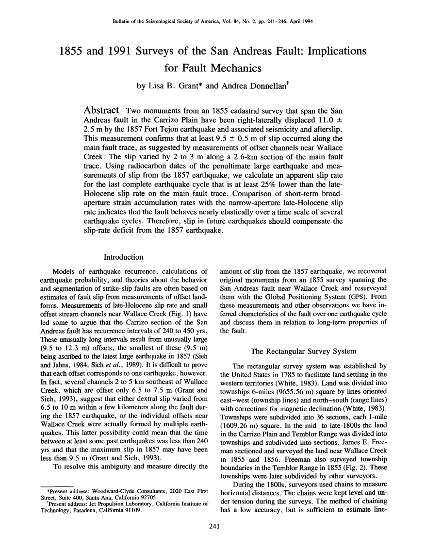 Thumbnail image of document cover: 1855 and 1991 Surveys of the San Andreas Fault: Implications for Fault Mechanics