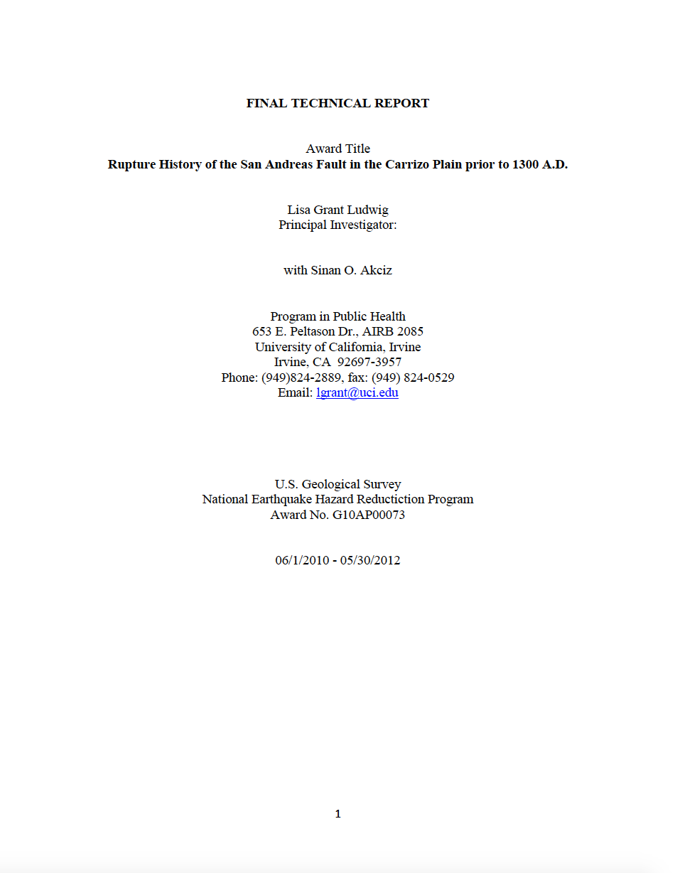 Thumbnail image of document cover: Rupture History of the San Andreas Fault in the Carrizo Plain prior to 1300 A.D.