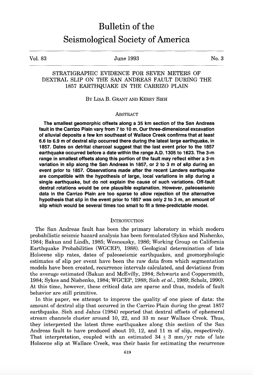 Thumbnail image of document cover: Stratigraphic Evidence for 7 Meters of Dextral Slip on the San Andreas Fault During the Great 1857 Earthquake in the Carrizo Plain