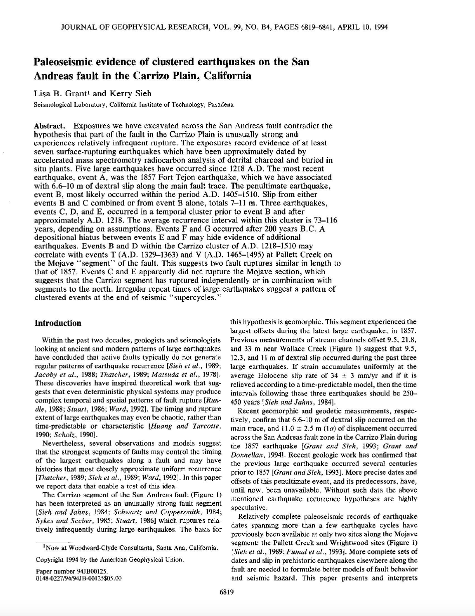 Thumbnail image of document cover: Paleoseismic Evidence of Clustered Earthquakes on the San Andreas Fault in the Carrizo Plain, CA