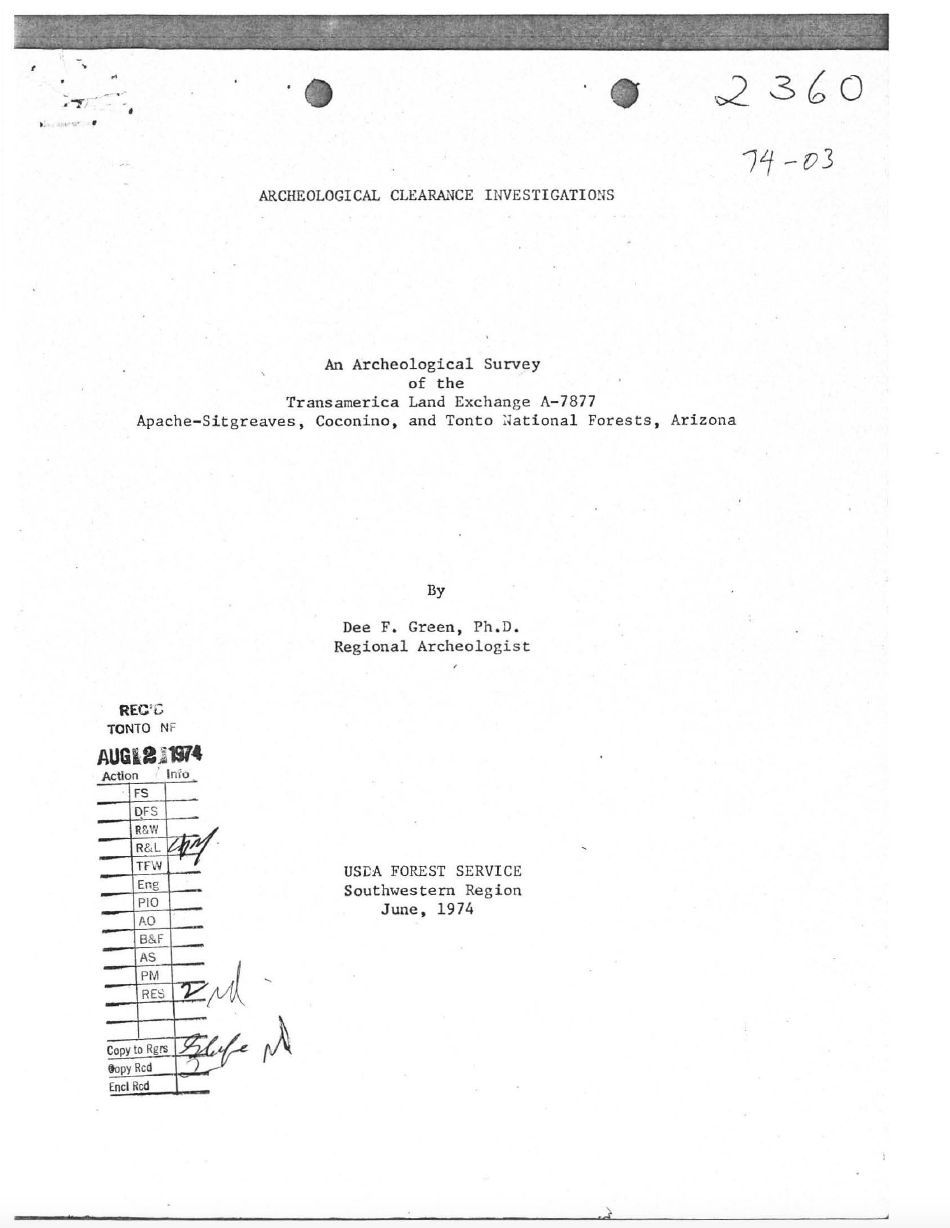 Thumbnail image of document cover: An Archaeological Survey of the Transamerica Land Exchange A-7877 Apache Sitgreaves, Coconino, and Tonto National Forests, Arizona