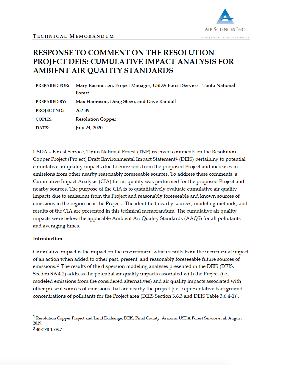 Thumbnail image of document cover: Response to Comment on the Resolution Project DEIS: Cumulative Impact Analysis for Ambient Air Quality Standards