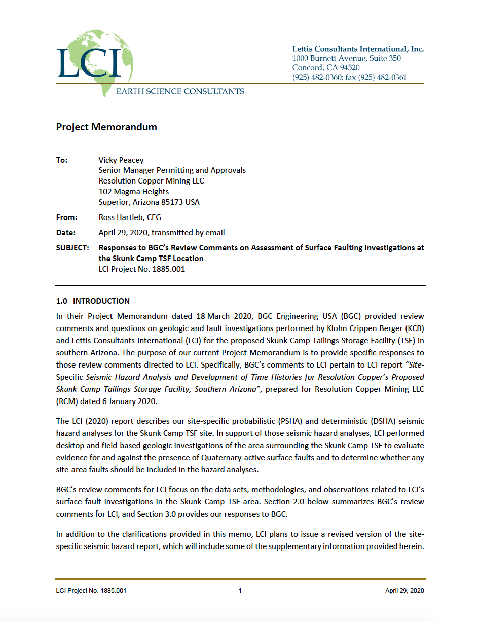 Thumbnail image of document cover: Responses to BGC's Review Comments on Assessment of Surface Faulting Investigations at the Skunk Camp TSF Location