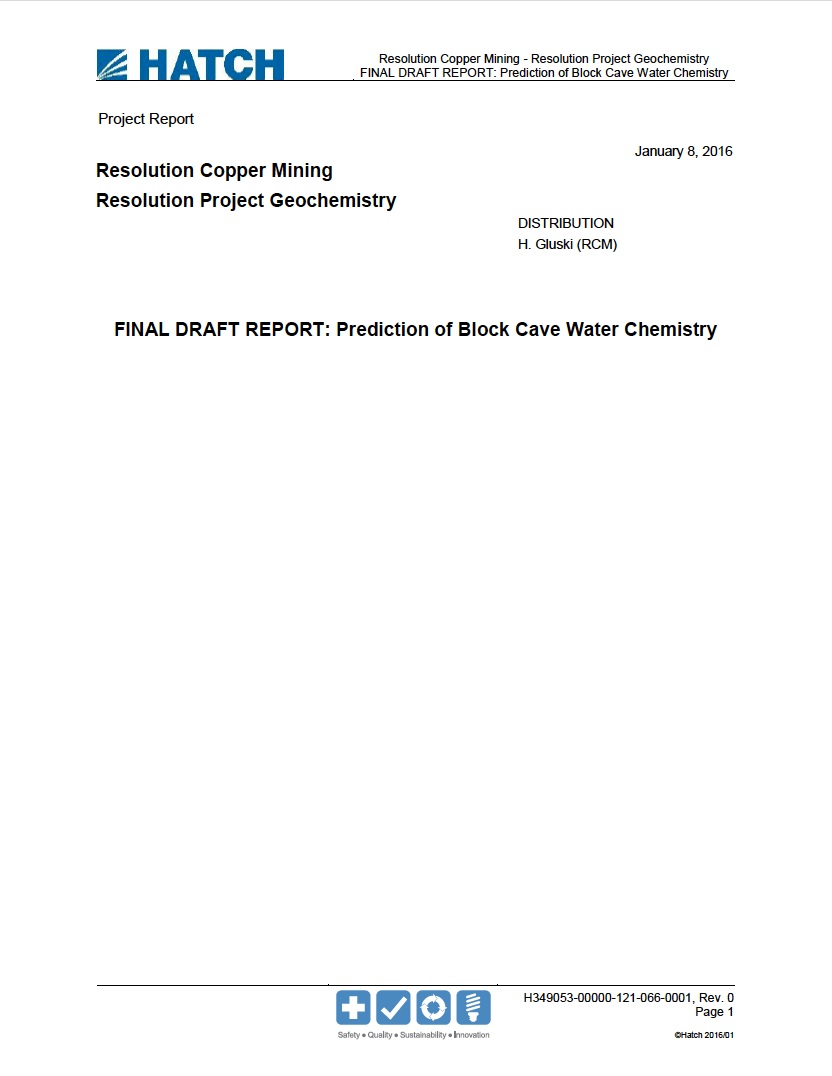 Thumbnail image of document cover: Resolution Project Geochemistry: Prediction of Block Cave Water Chemistry