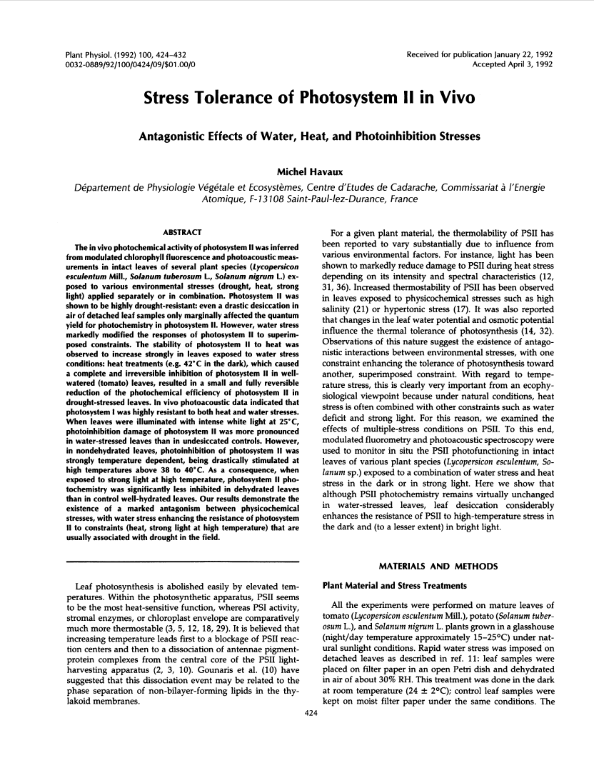 Thumbnail image of document cover: Stress Tolerance of Photosystem II In Vivo: Antagonistic Effects of Water, Heat, and Photoinhibition Stresses